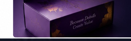 Purple foil stamped packaging box that reads Because Details Create Value