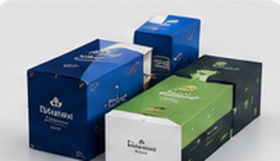Folding cartons in blue and green packaging