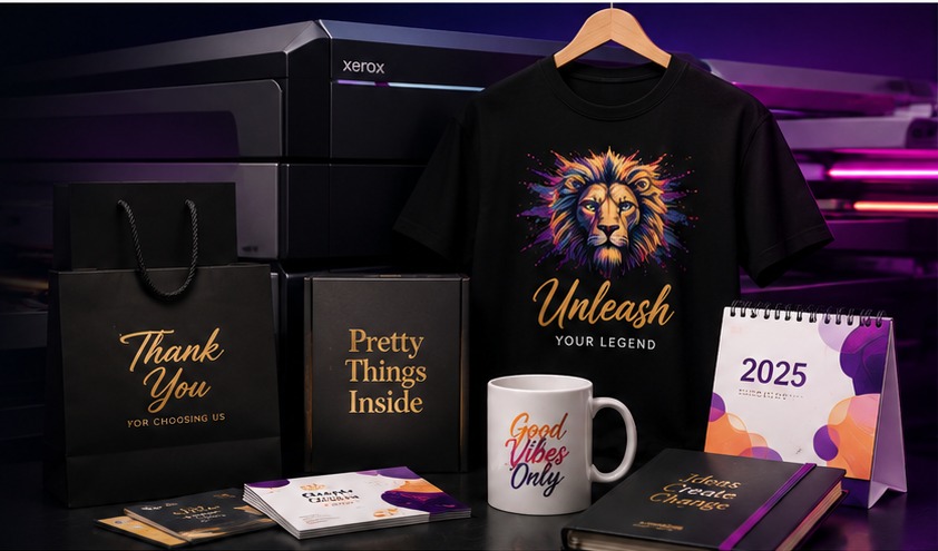 On-demand printed products: t-shirt, mug, bags, calendar and business cards